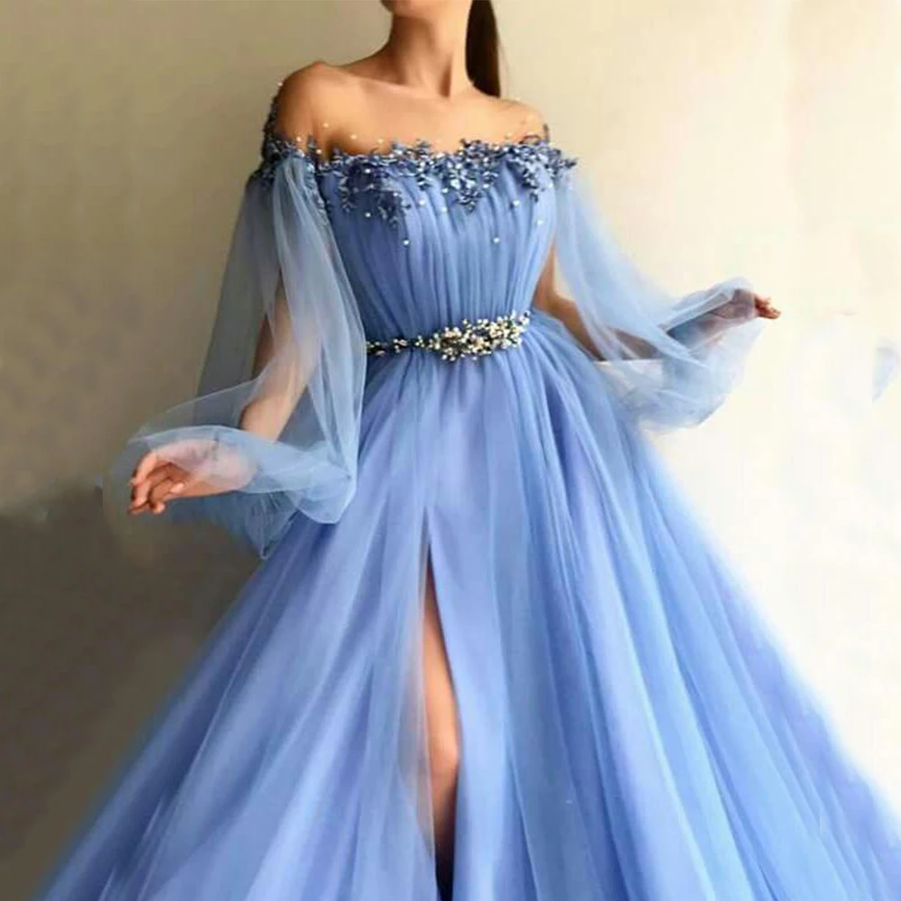 

Blue Puff Evening Dresses Long Luxury 2021 full Sleeves Beading Applique Side Split Pown Gown Eleglant robe de soire de mariage