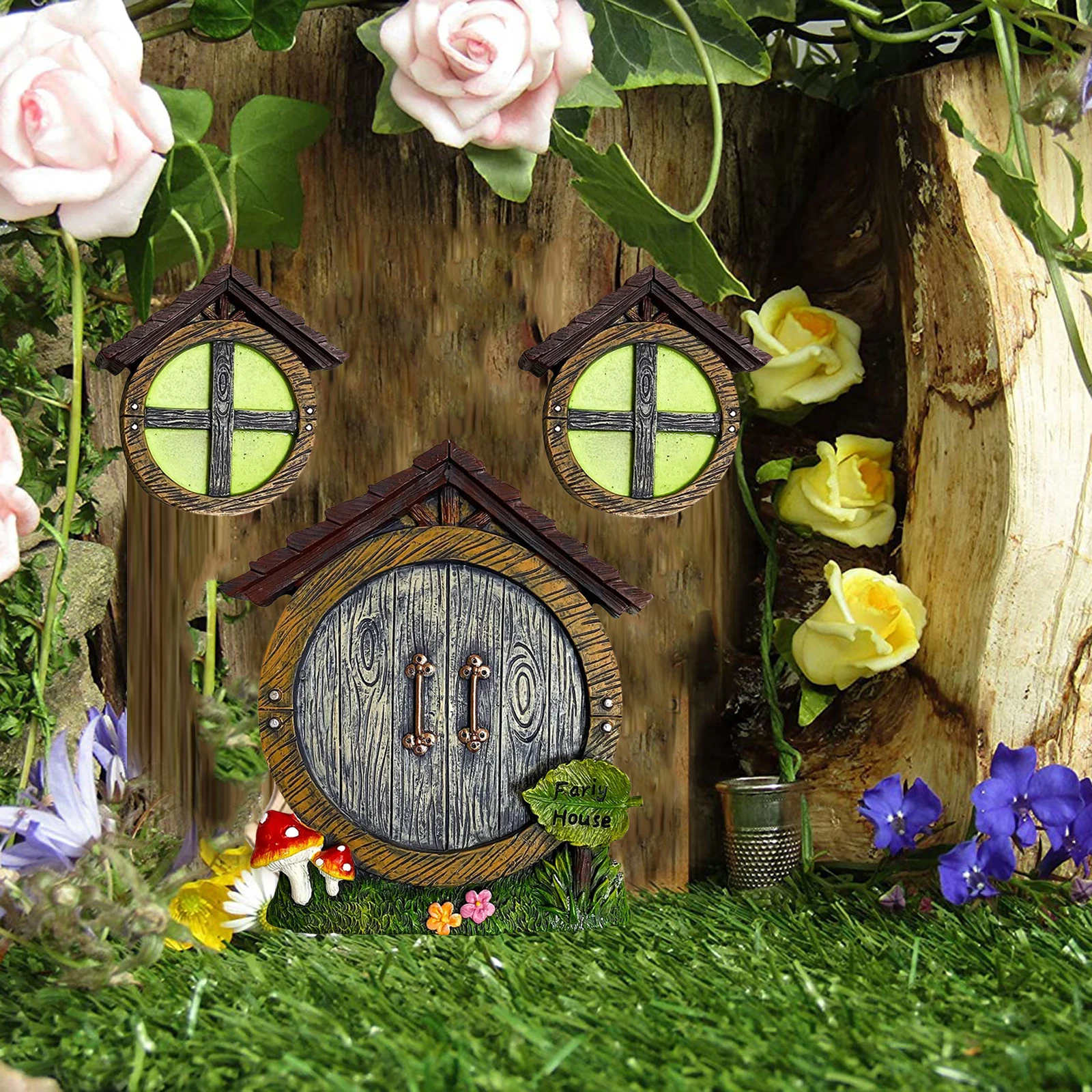 Fairy Gnome Home Miniature Window and Door for Trees Decoration, Glow in Dark Fairies Sleeping Door & Windows