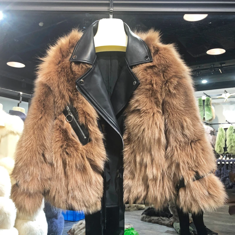 RosEvans Imported Real Fox Fur Locomotive Leather Double-faced Fur Jacket Female Women 2020 Autumn Winter New Turn Down Collar