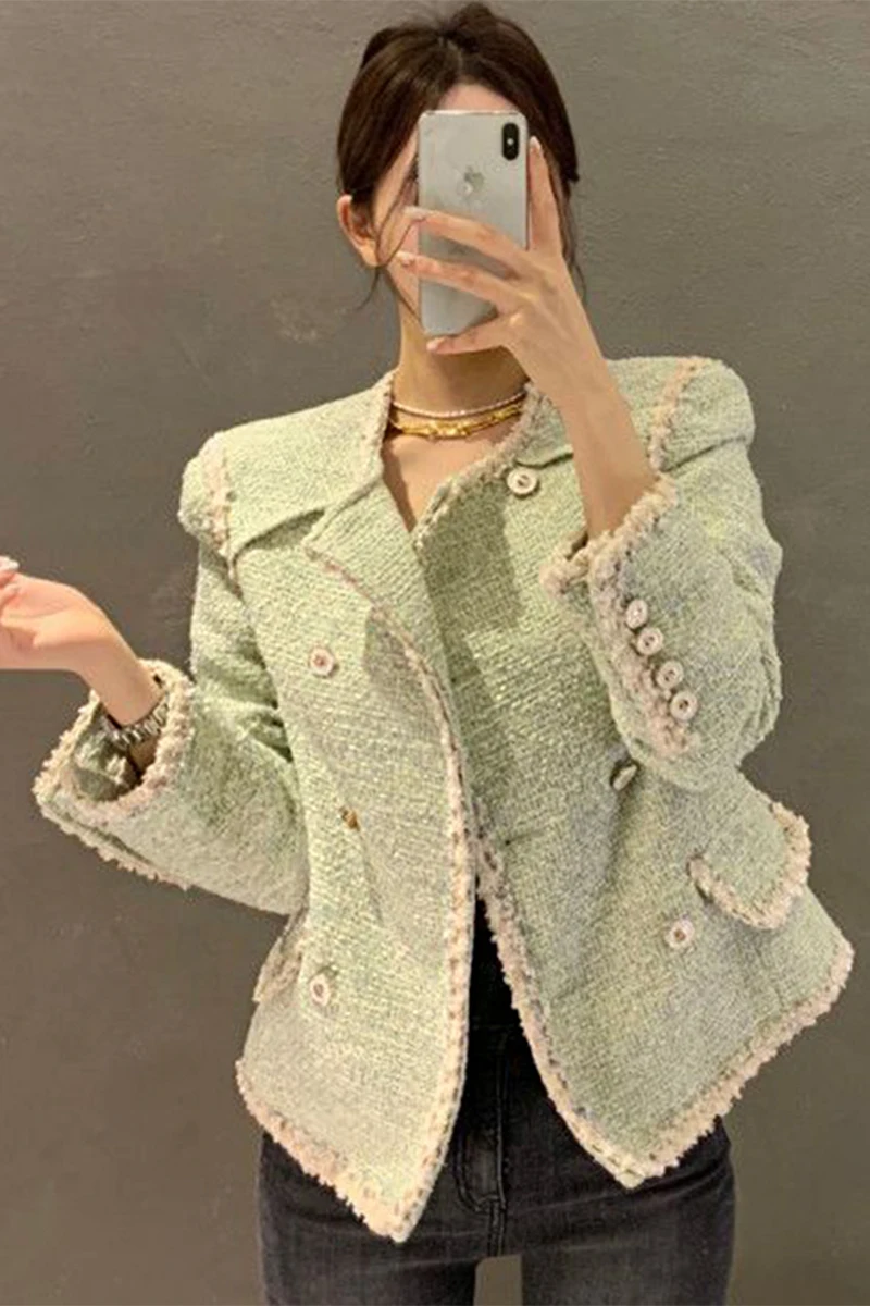 

Korean Fashion French Temperament Large Lapel Woolen Coats Double Breasted Loose All-Match Long Sleeve Tweed Jacket Tops Women