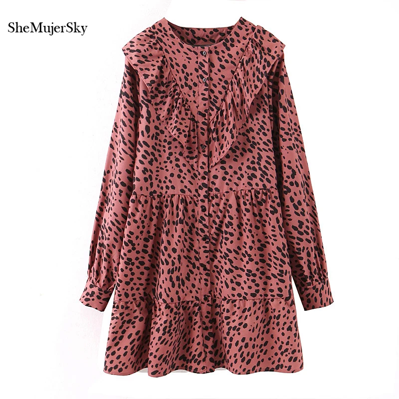 

Женское платье-рубашка с круглым вырезом, длинным рукавом и оборками