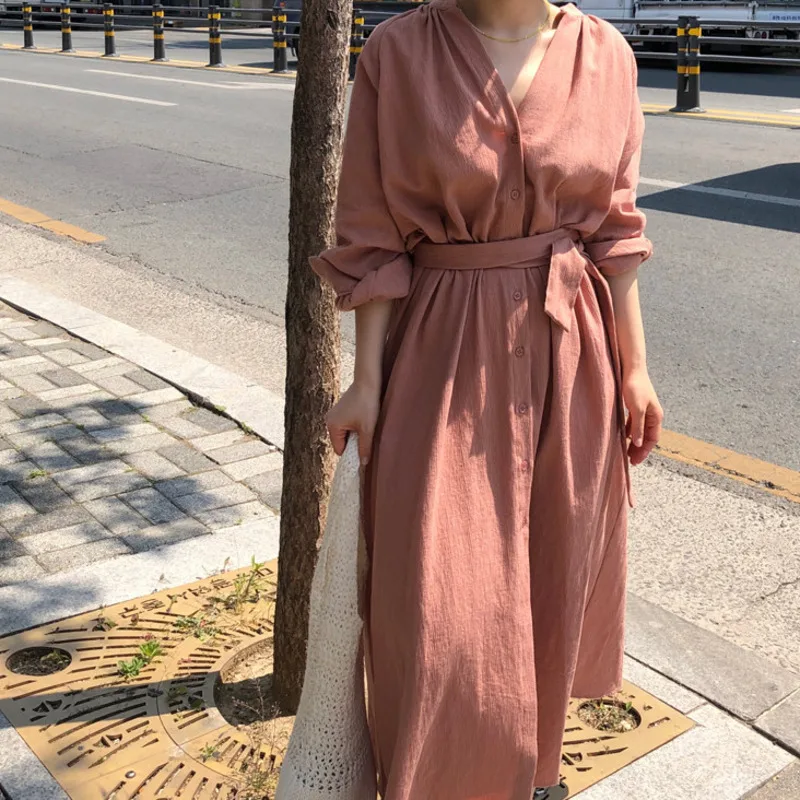 

LANMREM Single Breasted Long Cotton Linen Dress For Women 2021 Summer High Waist Dresses With Belt Female Fashion 2T1007