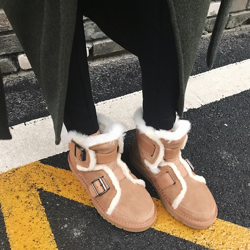 

2022 New Winter Snow Boots Women Kid Suede Leather Buckle Ankle Boots Warm Wool Ladies Winter Fur Shoes Handmade Shoes