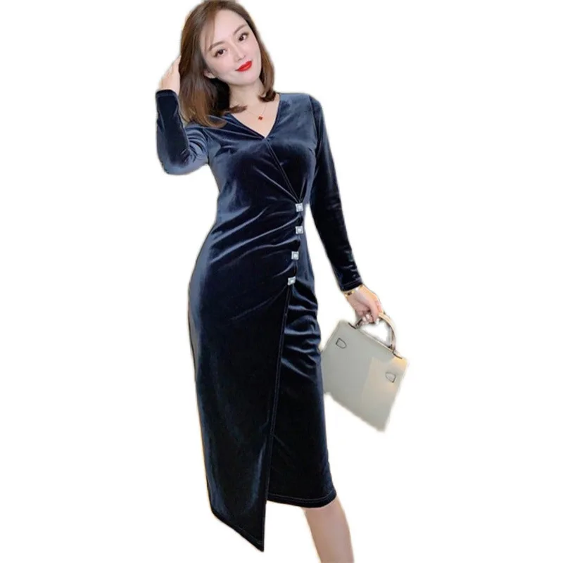 

fall 2020 new female fashion temperament v-neck cultivate morality show thin irregular velvet long-sleeved dress