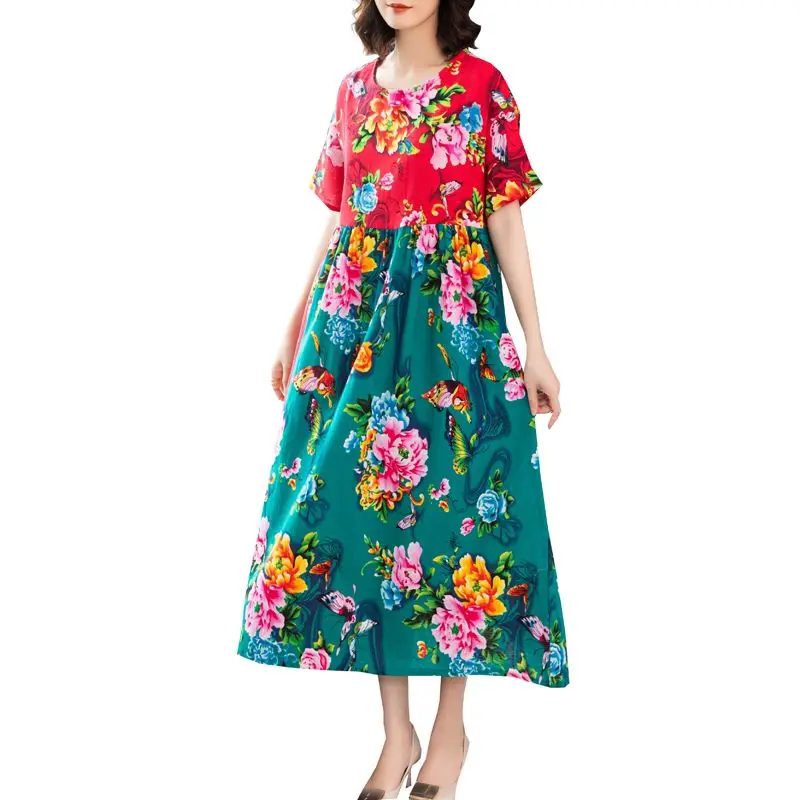 

2020 Summer Ethnic Style Retro Patchwork Printed Cotton Linen Short Sleeve Dress Loose Slim Fit Figure Flattering Wide Hem Long