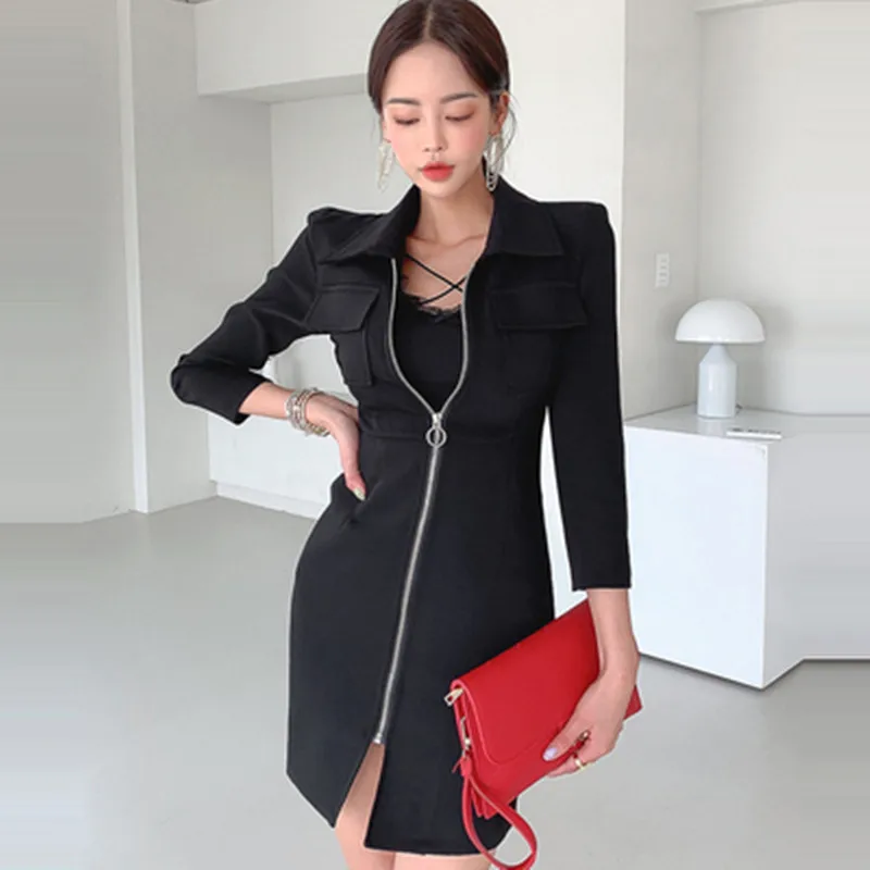 

2021 Autumn New Korean Temperament Black Dress Women Fashion Slim Zipper Bag Hip Pocket Simple Sheath Pencil Dresses Vestidos