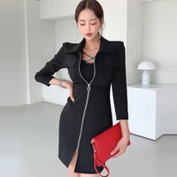 2022 autumn new korean temperament black dress women fashion slim zipper bag hip pocket simple sheath pencil dresses vestidos