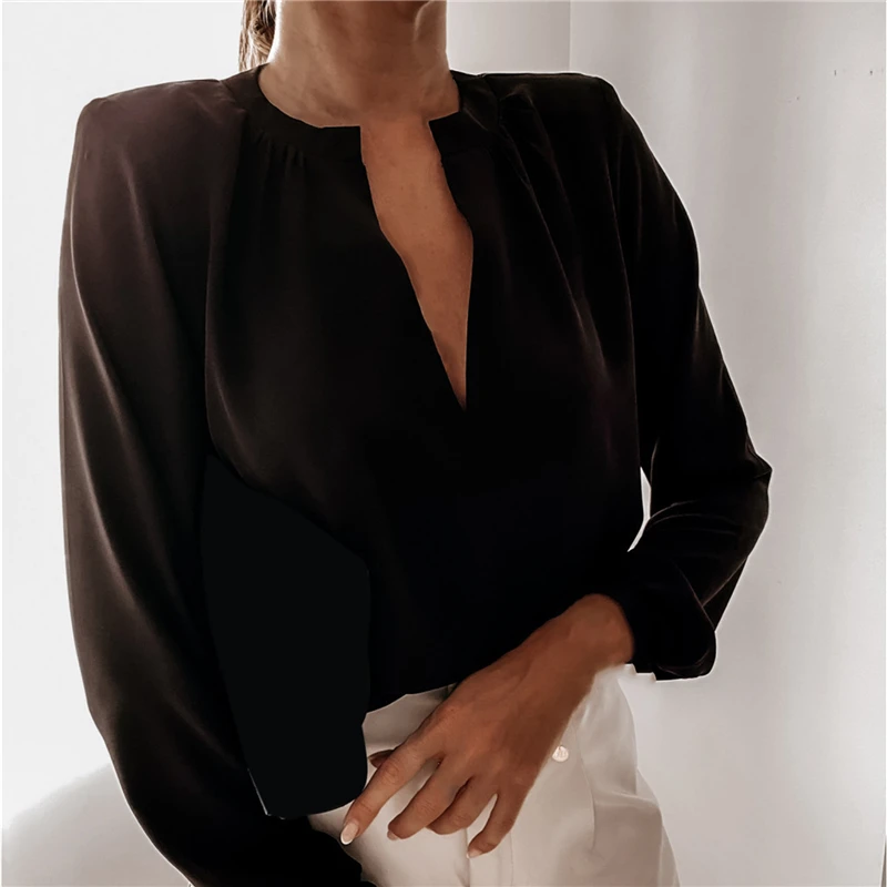 

Women Spring Autumn Thin Shirts V-Neck Long Sleeve Fashion Solid Color Transparent Slim Pullovers Blousers Top For Streetwear
