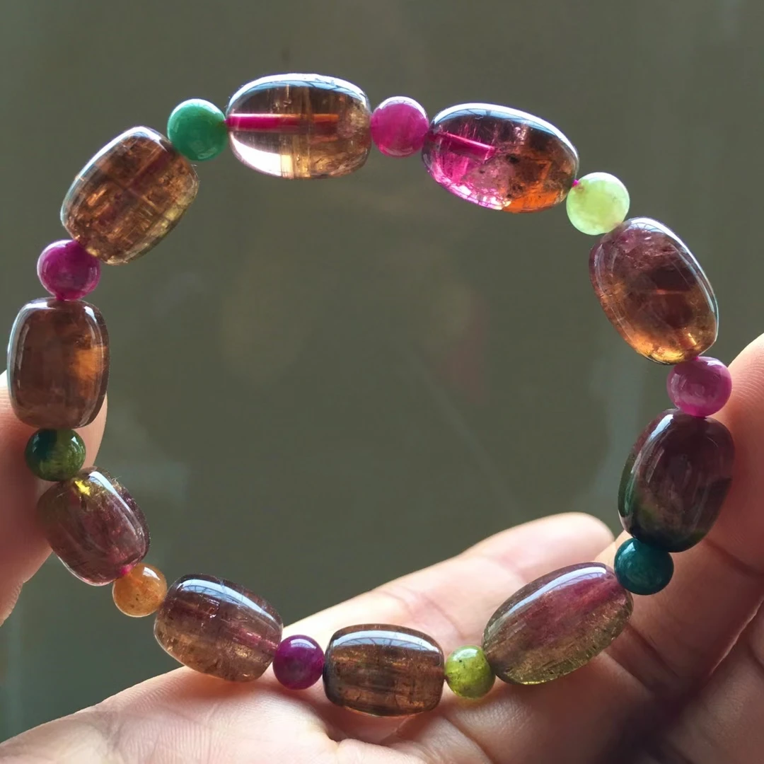 

Genuine Natural Colorful Tourmaline Watermelon Quartz Bracelet 10/15mm Clear Round Barrel Beads Brazil Women Men Crystal AAAAAA