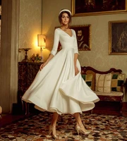 simple white tea length wedding dresses 2021 half sleeve soft satin beach boho bridal gown princess party dress robe de mariee