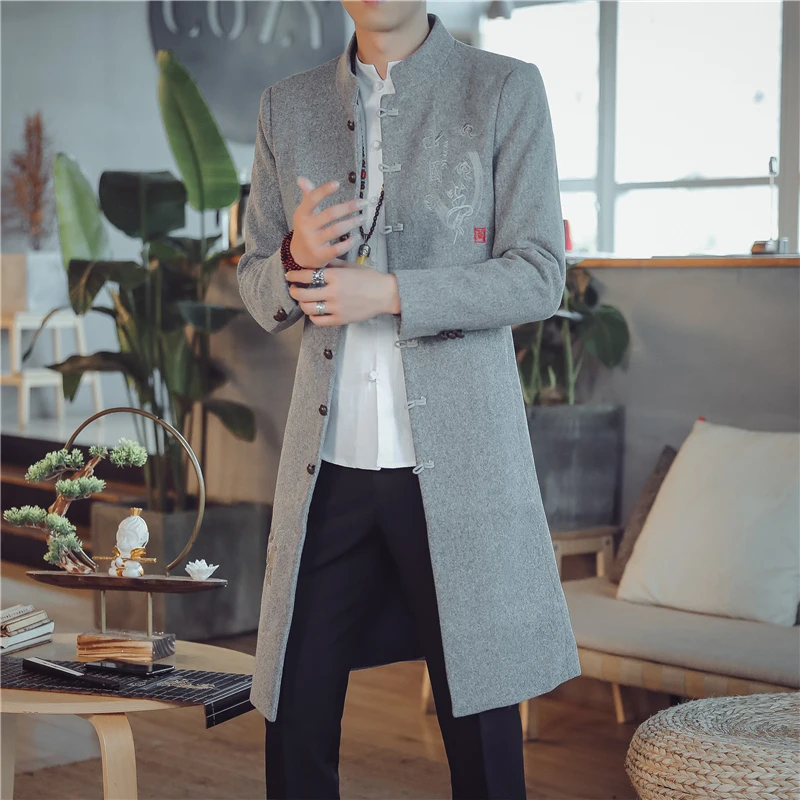 

2021 Mens Wool Trench Coat Jackets Autumn Winter Chinese Style Embroidery Woolen Coats Long Windbreaker Steetwear Outwear Tops