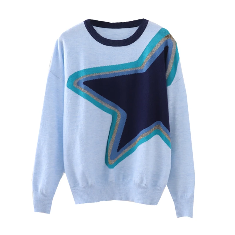 

Matching Color Gold Thread Five-Pointed Star Knitted Thick Sweater Pullover Women's 2020 Autumn And Winter Soft Jumper