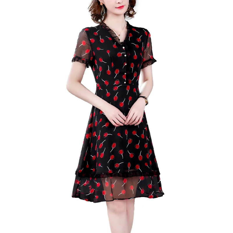 

Chikichi 2021 New Women Clothing Short-sleeved Black Printed Dress Business Casual V-neck Mini Dress for Women