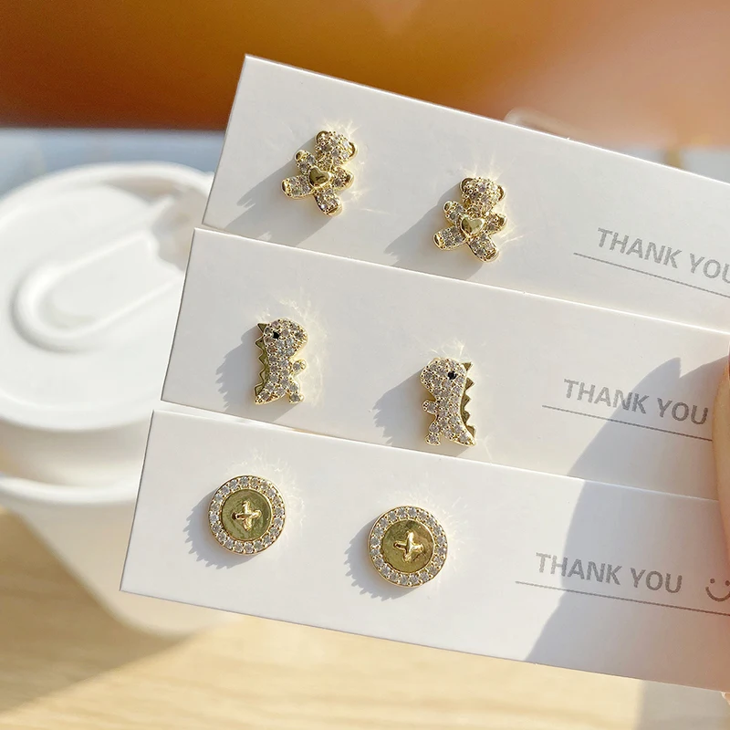 

2021 Trend 14K Real Gold Plated Bear Dinosaur Button Personality Earrings for Women Jewelry Zircon S925 Silver Needle Stud Gift
