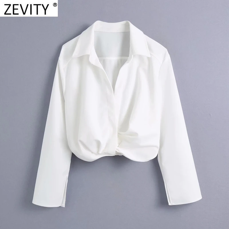 

Zevity New Women Fashion Hem Pleats Design Short Shirt Office Lady Turn Down Collar Business Blouse Roupas Chic Crop Tops LS9437