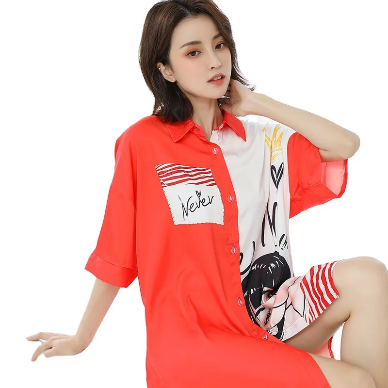 

Nightdress Korean Version Women Short Sleeve Lovely Sleepshirt Printed Summer New Nightgown Satin Nightdress Intimate Lingerie