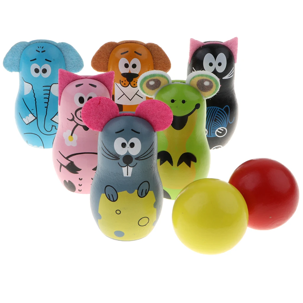 

Wooden Mini Skittles Bowling Play Set Children Toy -6 Bowling Pins & 2 Balls