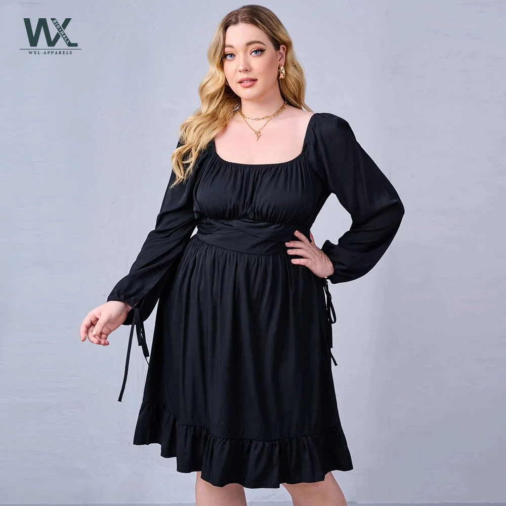 

Plus size Women Dresses 4XL Ruched Knot Cuff Ruffle Hem Dress Puff Sleeve Black Solid Fashionabl Vintage Oversized Long Clothing