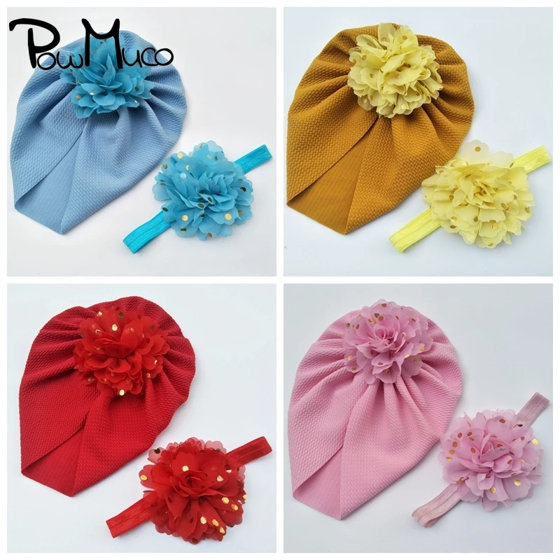 

Powmuco Lovely Dots Chiffon Flower Hat and Hairband Set Fashion Handmade Floral Elastic Headband Baby Headwear Birthday Gifts