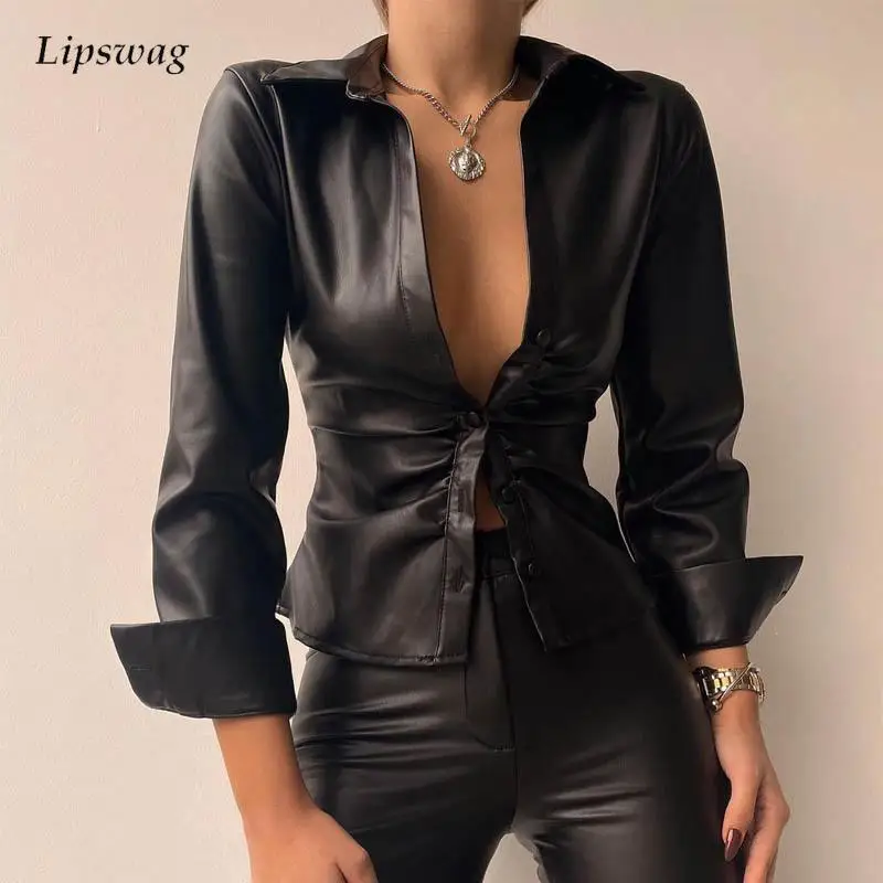 

Модная плиссированная женская рубашка из искусственной кожи, блузка, повседневные офисные женские Топы с длинным рукавом, элегантный карди...