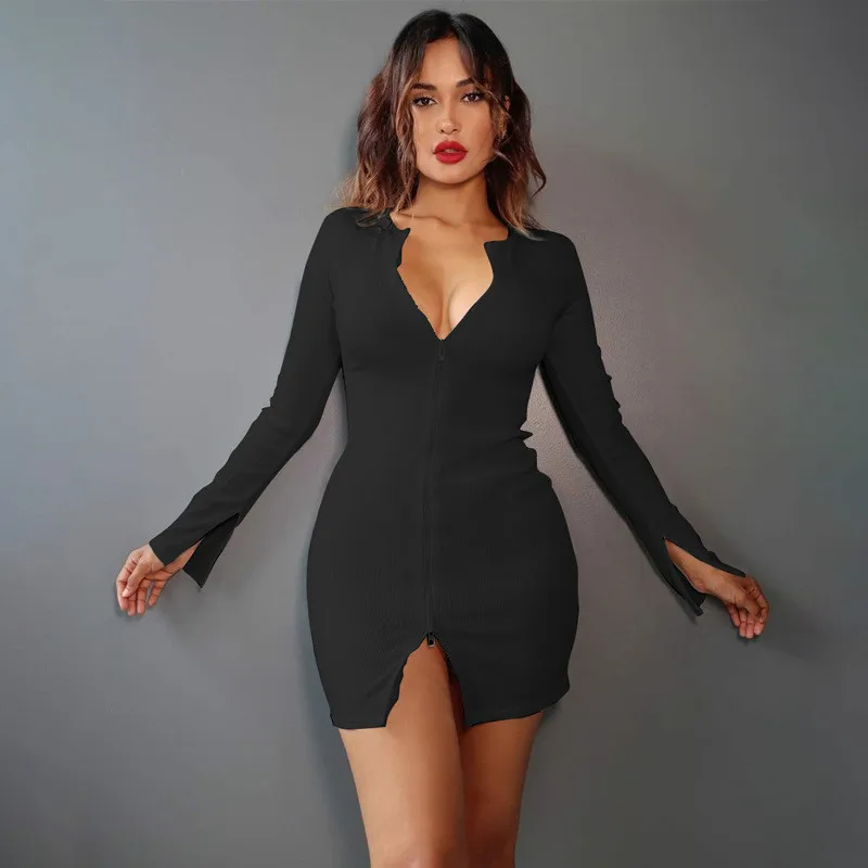 

Women Sexy Long Sleeve Zipper Bodycon Dress 2020 Fashion Midi Dress Party Club Evening Pencil Dress