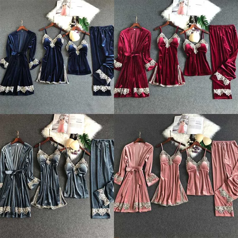 Женская зимняя теплая Пижама 4 шт. золотистый бархатный сексуальный кружевной