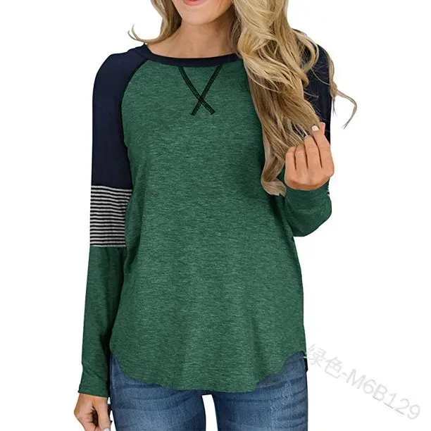 

Mandylandy T-shirt Women's Casual O-Neck Long Sleeve Slim Fit Pullover T-shirt Spring Autumn Fashion Striped Stitching T-shirt