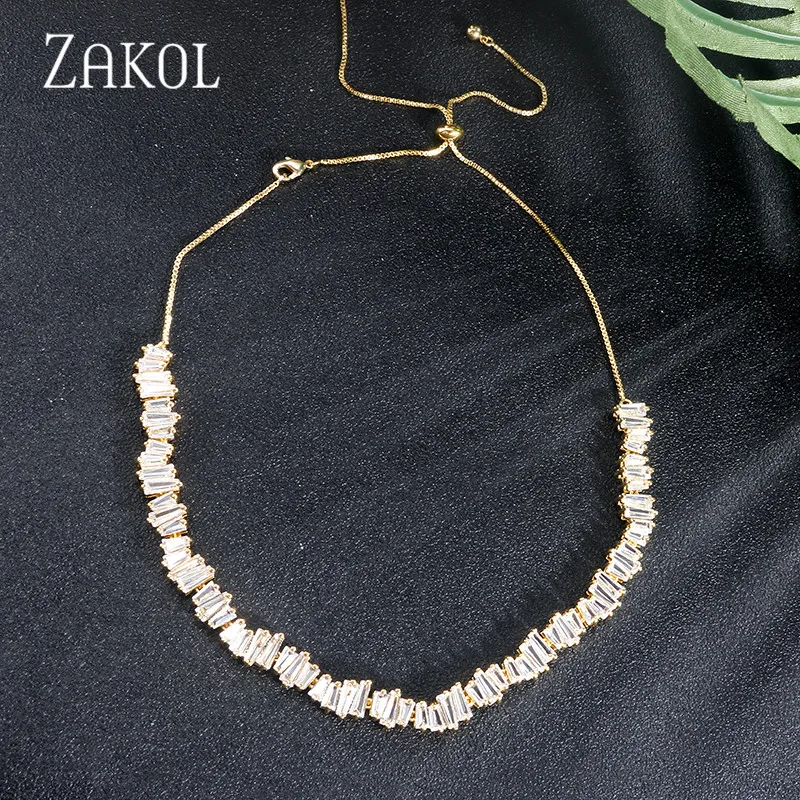 Gold Color ZAKOL модный бренд ювелирные изделия серебро розовое золото цвет прямоугольник циркония ожерелье/Torques для женщин юбилей FSNP076 - Окраска металла: Gold Color