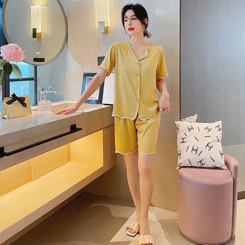 2021 Summer Ice Silk Pajamas Women's Short Sleeves Short Nightwear Wave Fashion Cardigan Pure White Ruffle Home Wear Sleepwear