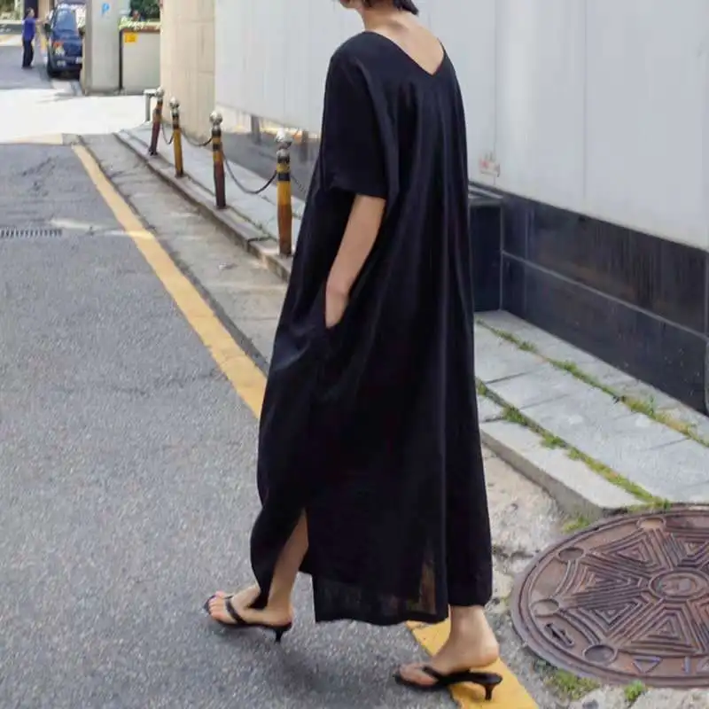 

Johnature Summer New Casual Solid Color Loose Dresses 2021 Korean Simple V-neck Short Sleeve Pockets Slits Women Dress