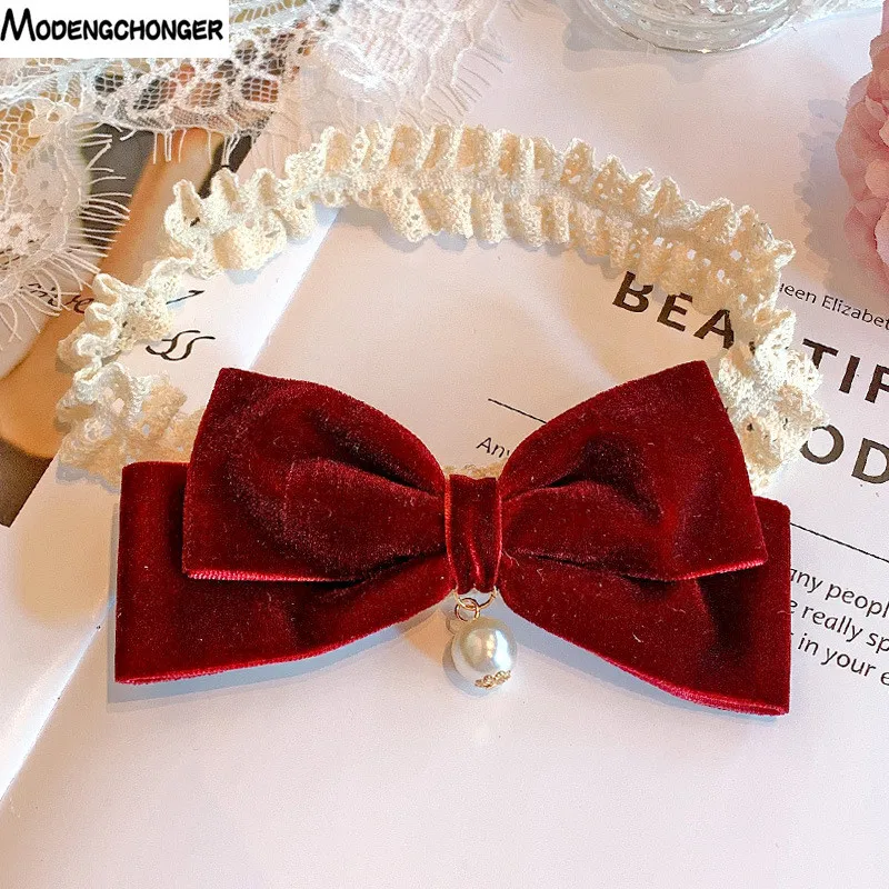 

2020 New Fashion Baby Brithday Hair Band Velvet Wine Red Barrette Bow Hair Accessories Children's Stamping Chiffon Headwear Hot