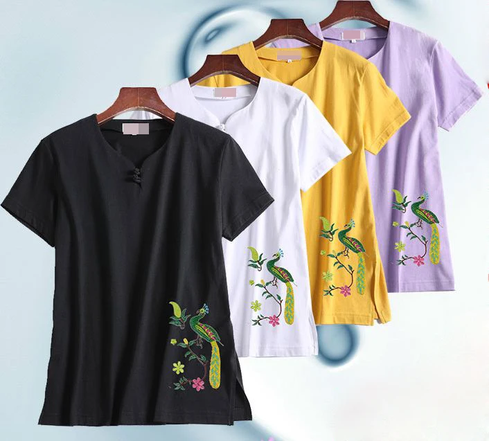 Летние хлопковые рубашки с вышивкой в виде павлина коротким рукавом стиле