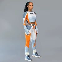 women long sleeve croptop slim outfit tracksuit two pieces set letter print high elastic skinny leggings female sportswear