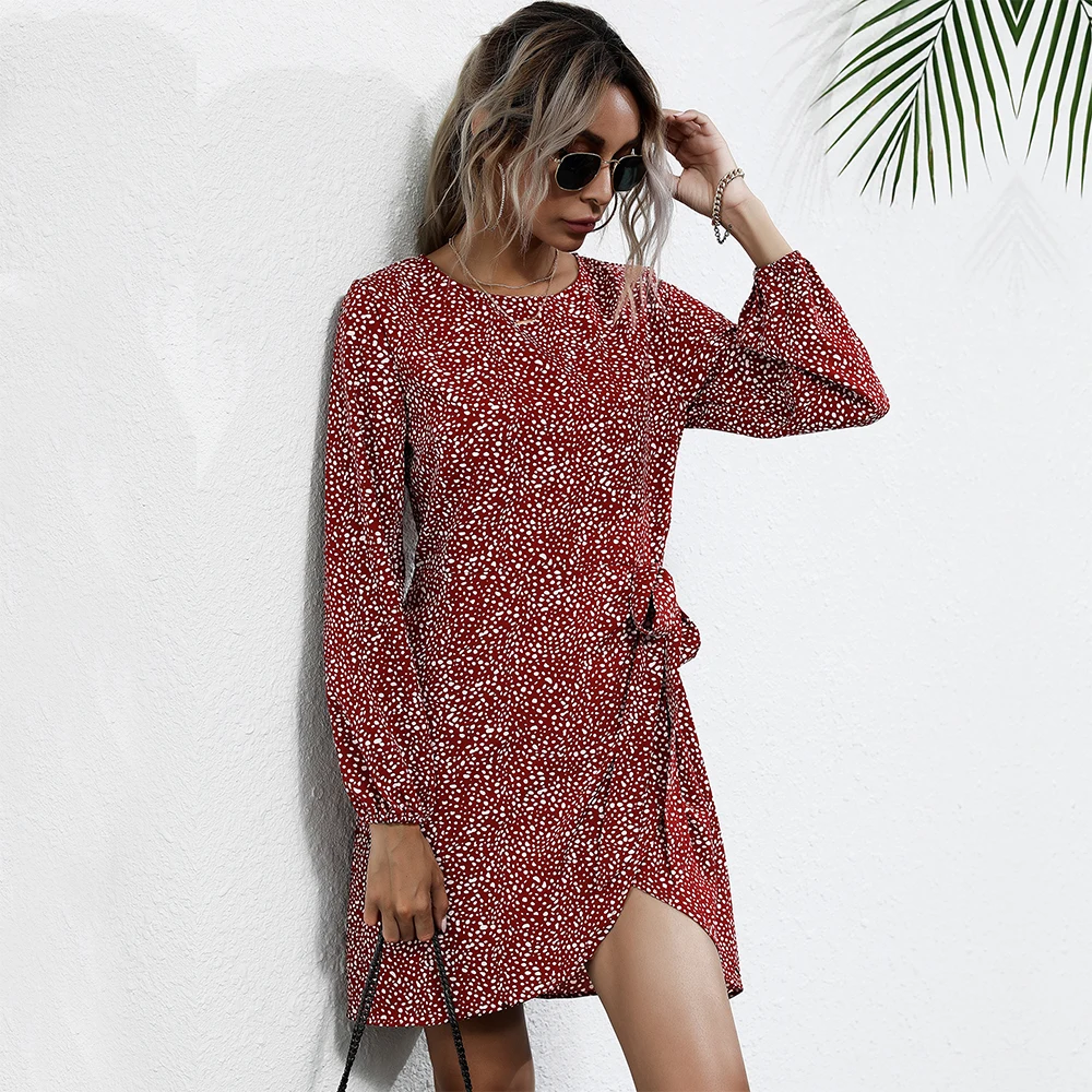 

Summer Women's Clothes Long Sleeve Mini Skirt Asymmetrical Dress Pullover Lace-up Leopard Round Collar Europe Pop Dresses Woman