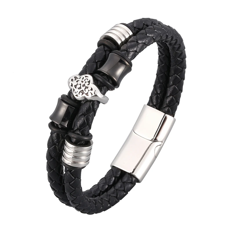 

Vintage Totem Double Layer Genuine Leather Weave Bracelets Bangles for Men Jewelry Stainless Steel Trendy Male Wristband PD1016