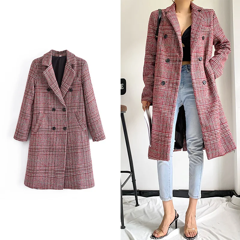 

2021 ZA Womens Winter Casual Oversize Collared Woolen Red Plaid Double Breasted Long Peacoat Jacket Office Femme Outerwear