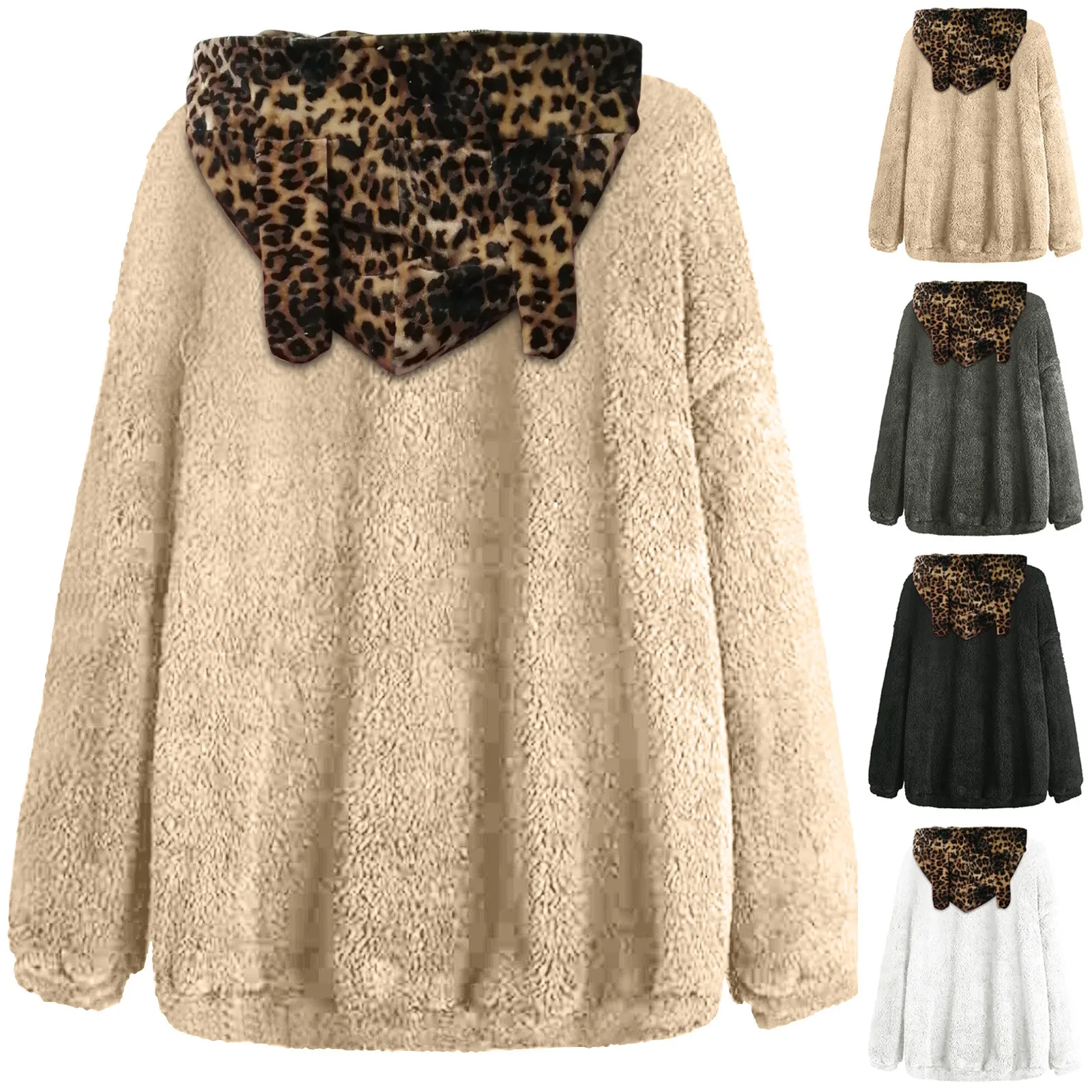 

Women's Clothing Women's Hoodie Tops Sweatshirts Fuzzy Fleece Leopard Cute-ear Long Sleeve Causal Sweatshirt Oversized Hoodie
