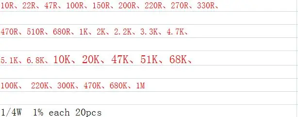 Всего 600 шт. 1% дюйма 1/4 Вт металлическая пленка Φ 30 значений (10 Ом ~ 1 МОм) 20 каждого