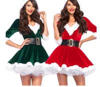 fashion christmas red half sleeve santa claus dresses sexy fancy plush hoodie female party dress cosplay costume with belt