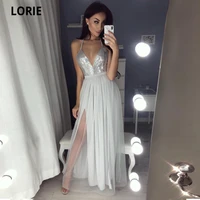 lorie sexy v neck sequin long prom dresses slit formal evening gowns tulle evening dress new floor length custom grey prom gown