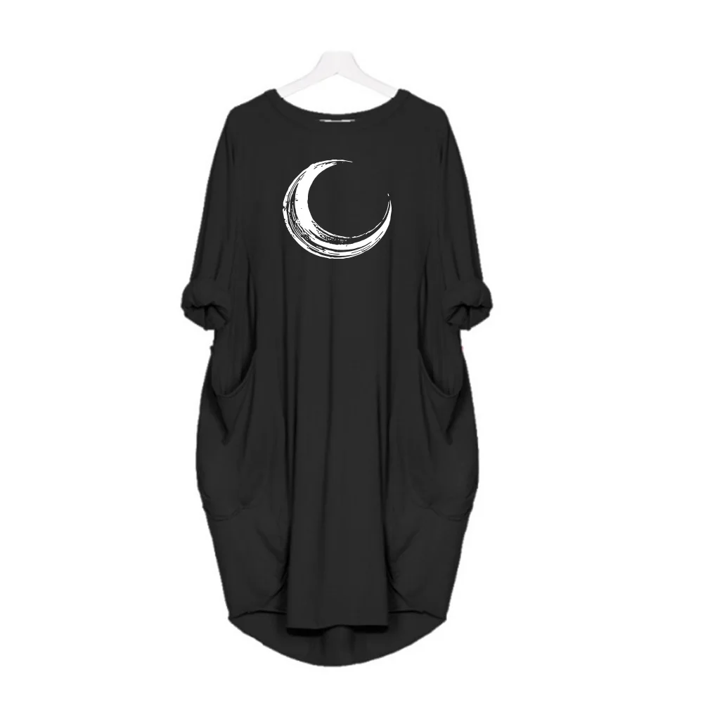 

New Summer Moon Graphic High Quality Dress Fashion Streetwear Long Sleeve Dresses Simple O-neck Pocket Loose Print Women Skirt