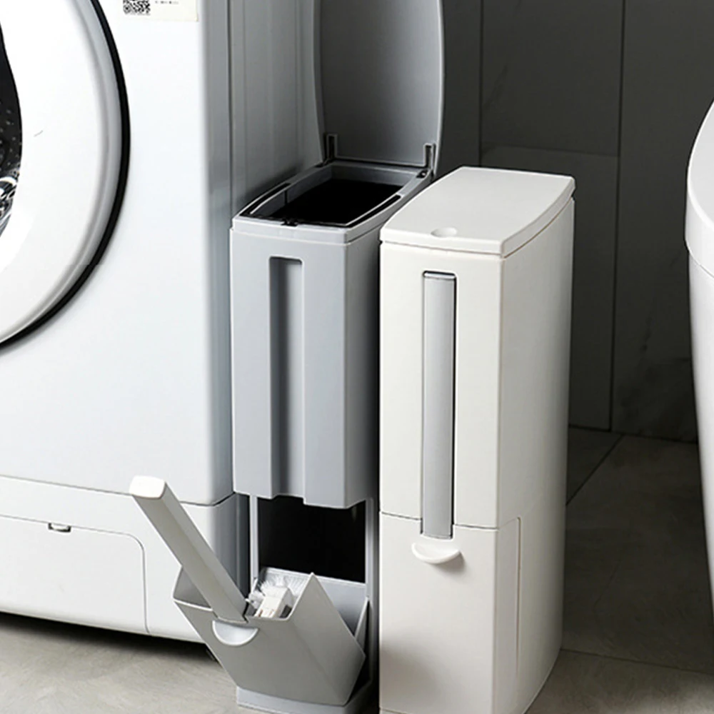 

2 In 1 Narrow Trash Can Toilet Brush Set Bathroom Plastic Waste Bin Kitchen Bucket Trash Bin With Toilet Brush Cleaning Tools