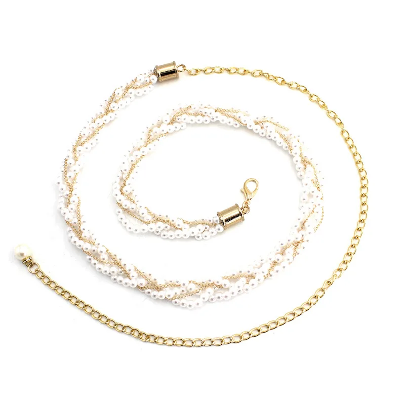 

Lady Elegant Chain Belts Women Pearl Thin Waistband Imitation Alloy Gold Waist Strap Beaded Hook Waist Chains Dress Decorative