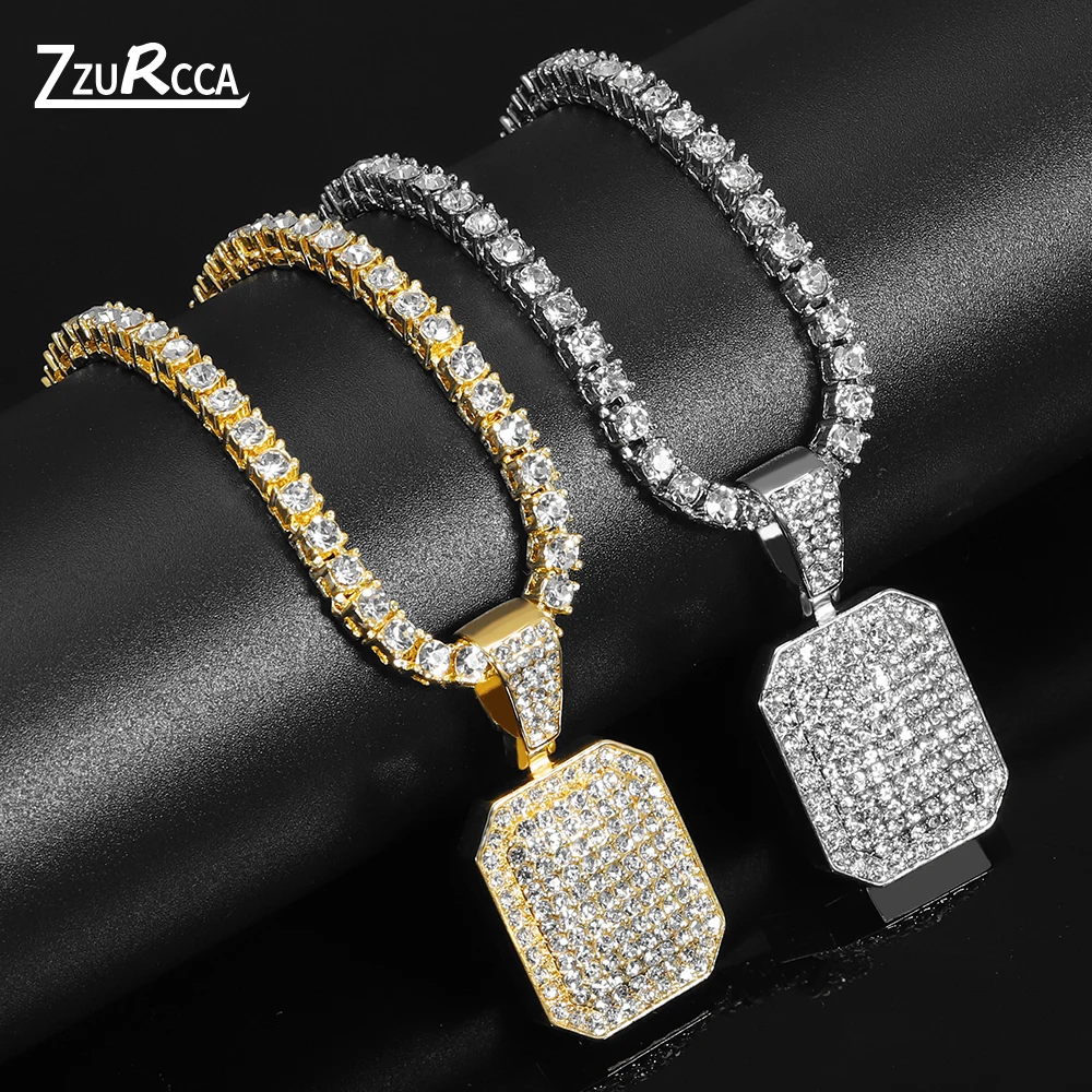 

Iced Out Square Pendant Necklace With 4mm AAA Zicron Bling Tennis Neck Chain Rhinestone Necklaces For Women Men collier collare