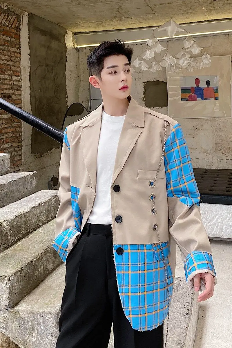 

IEFB /men's wear fashionable plaid patchwork blazers big size punching metal chain decoration burrs male's streetwear suit P145