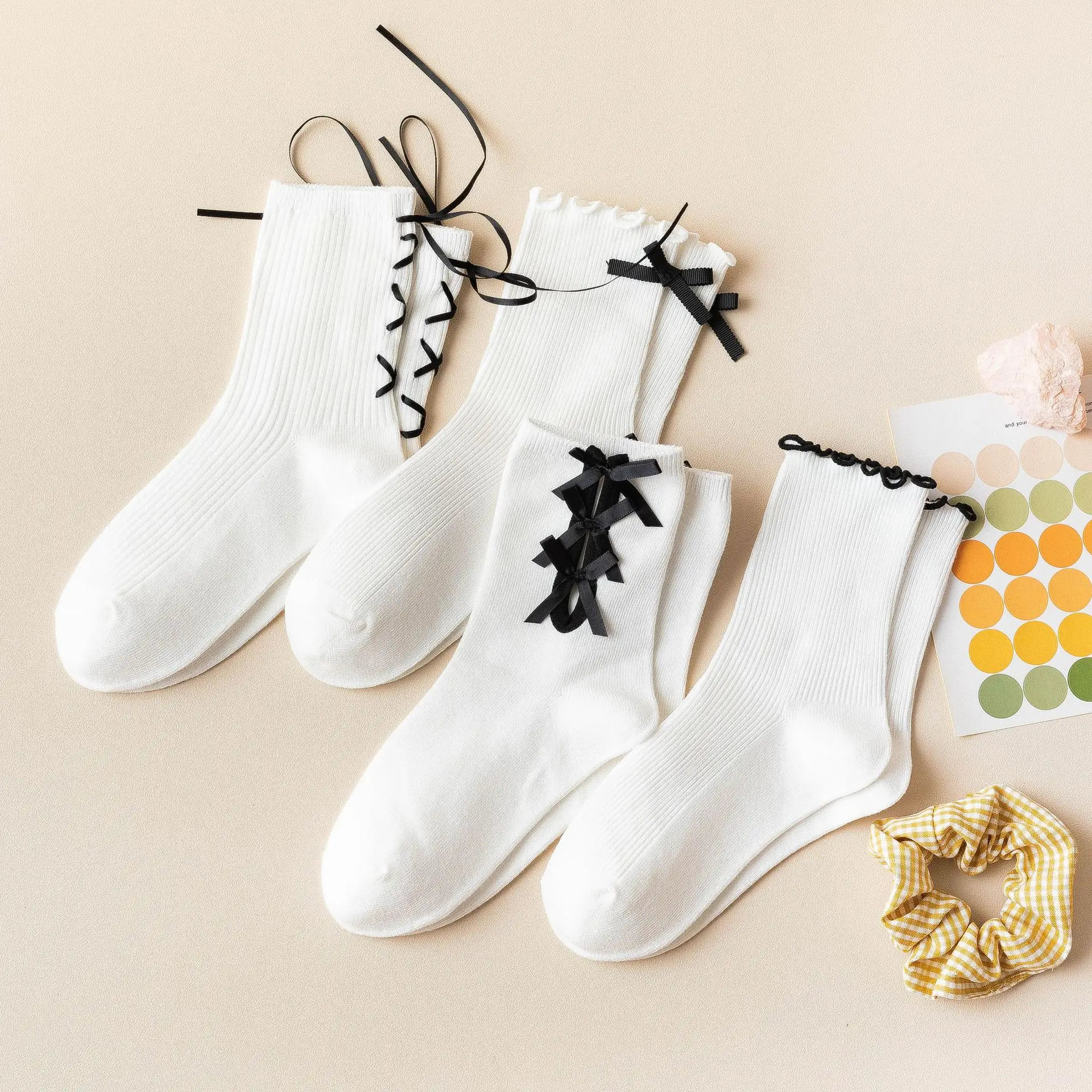 

Lolita socks female Korean style college wind tube socks princess style Japanese COS cute ruffled bow ribbon socks female cotton