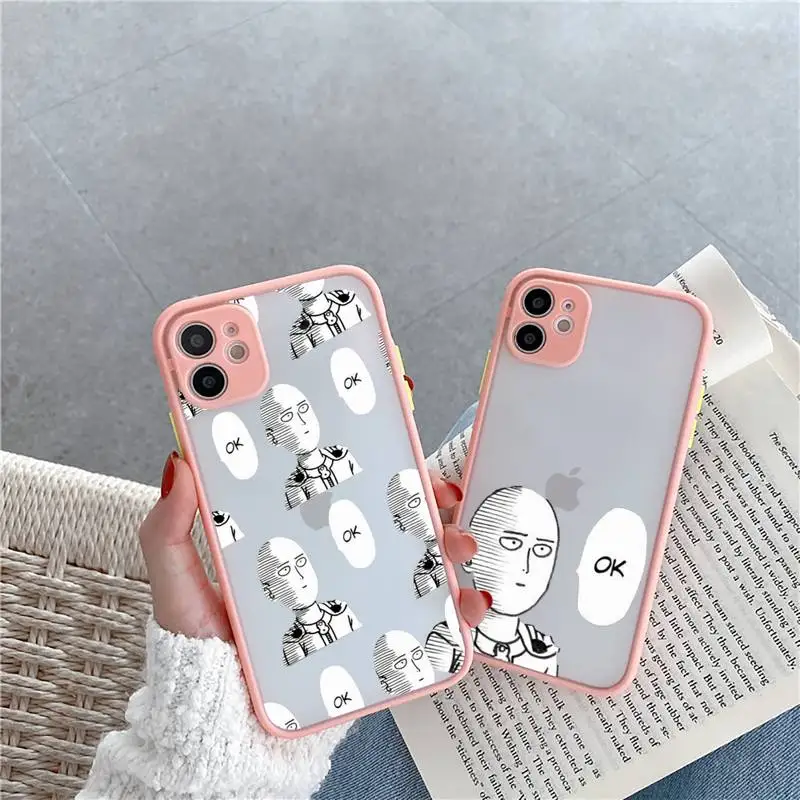 

Anime One Punch Man Phone Case For iPhone 12 11 Mini Pro XR XS Max 7 8 Plus X Matte transparent Pink Cover