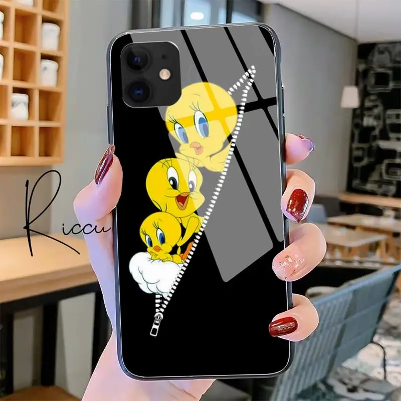 

Riccu Cartoon cute Tweety Bird Piolin Phone Case Tempered Glass For iPhone 11 Pro XR XS MAX 8 X 7 6S 6 Plus SE 2020 12 Pro Max