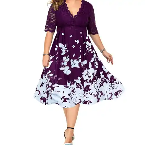 Women's Clothing Summer Dress Evening Party Dresses 2021Fashion Patchwork Flower Elegant Casual Dress Blue Lace V Neck Plus Size