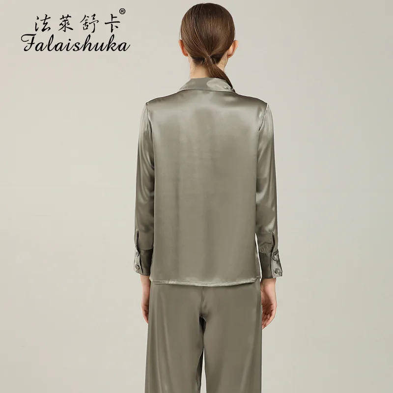 Women's Silk Pajamas Set Solid Color 2021 Summer Spring Full length Sleeve Sleepwear Home Wears